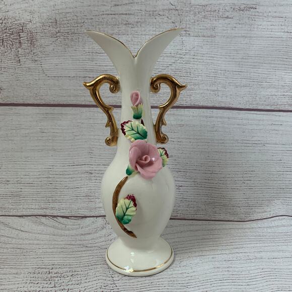 Vintage Ucagco Japan Ceramic White Vase Applied Pink Roses Gold Trip 7 1/2"H - Picture 1 of 13
